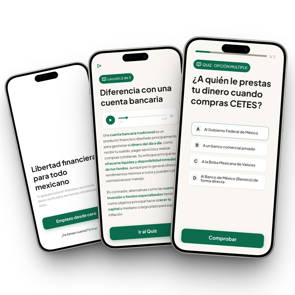 Pantallas de la app Kerdos, educación financiera en México